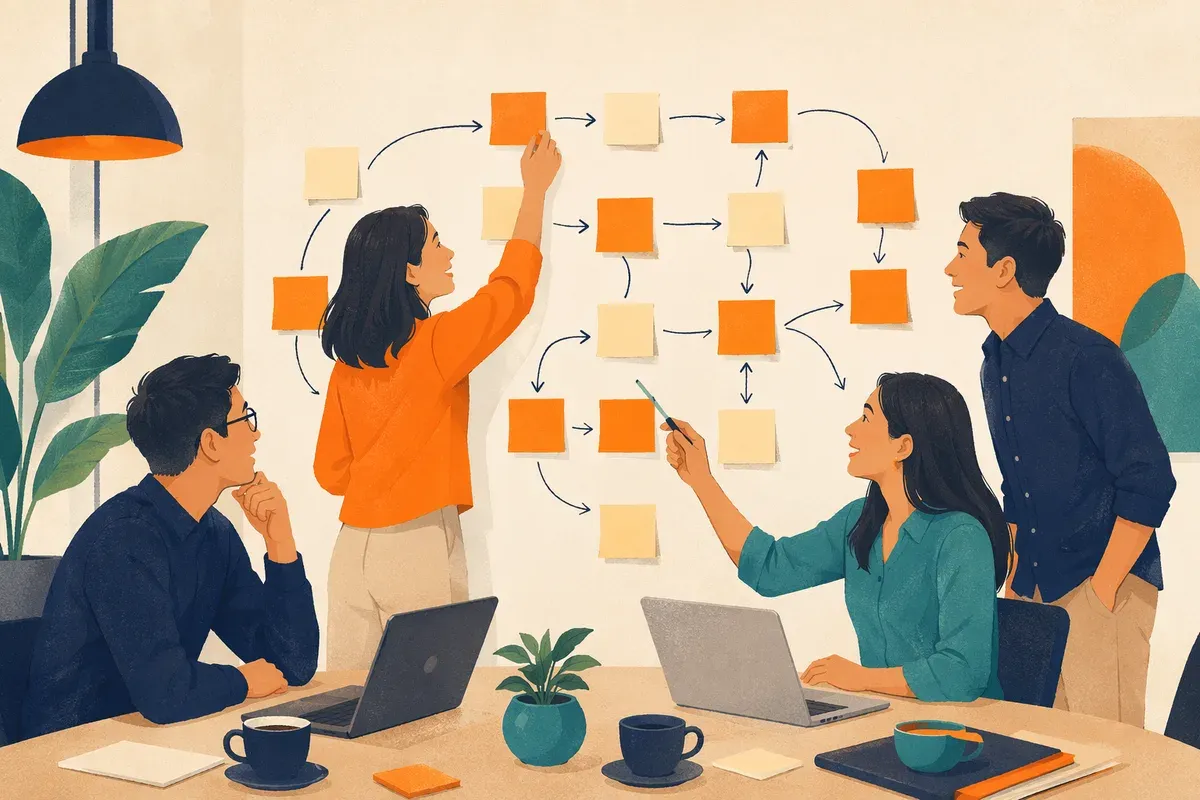 Illustration of a Singapore SME team mapping their workflow together with sticky notes and arrows