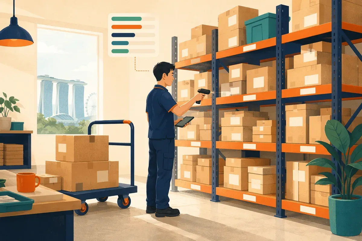 Illustration of a Singapore stockroom worker scanning cartons with live stock levels