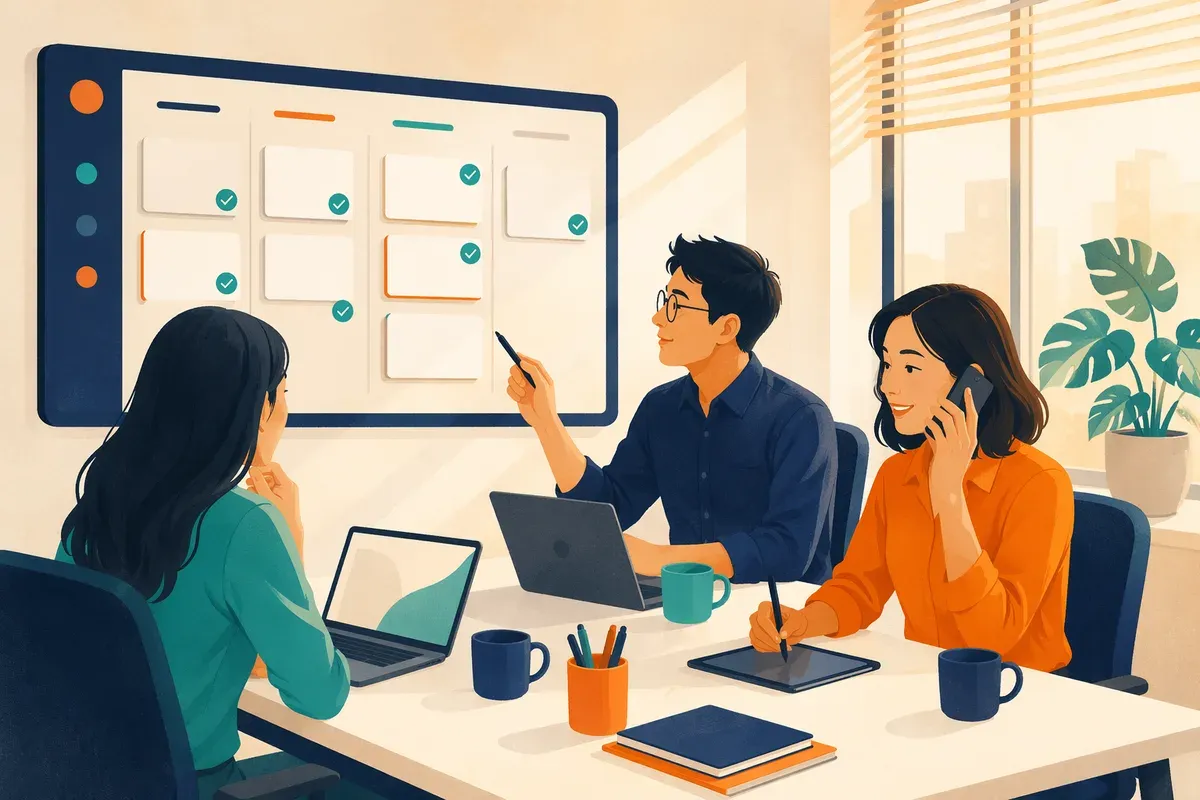 Illustration of a Singapore services team reviewing a shared workflow board together