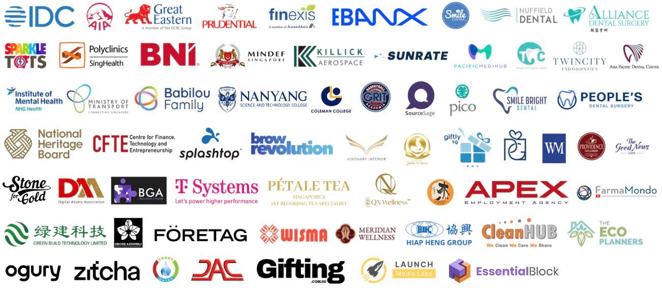 Brands that trust Digital 9 Labs, including IDC, AIA, Great Eastern, Prudential, SingHealth Polyclinics, BNI, MINDEF, National Heritage Board, Twin City Endodontics, Essential Block and Launch Media Labs